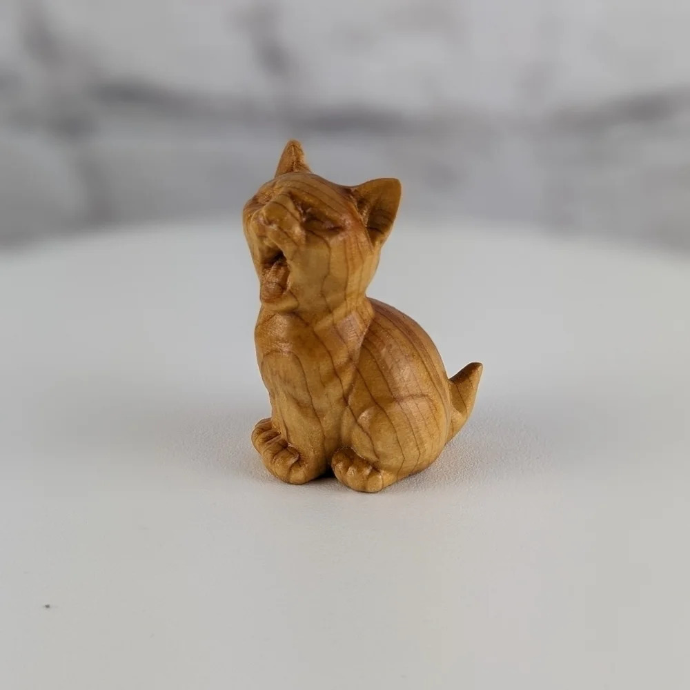 Wooden hand carved cat figurine, yawning, kitty cat, ginger orange feline
